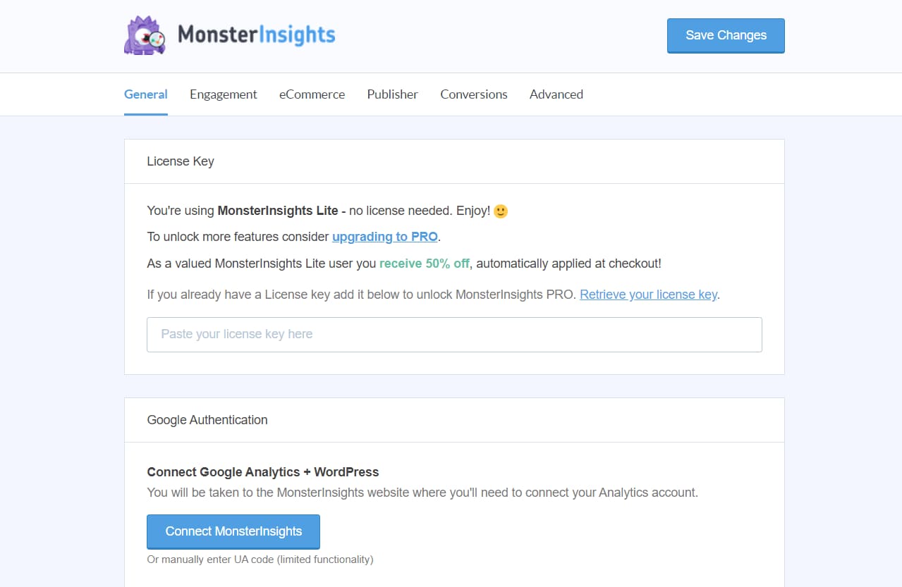 monsterinsights plugin settings and configuration page