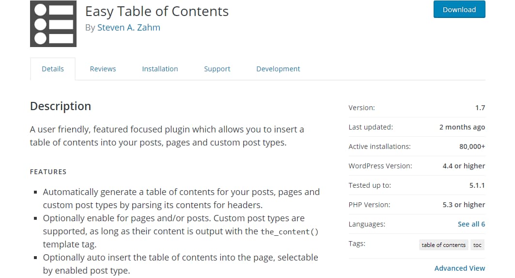 easy table of contents wordpress plugin