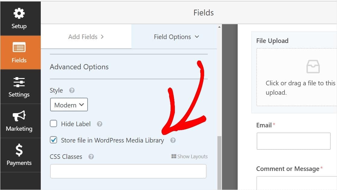 wpforms configure file upload field options