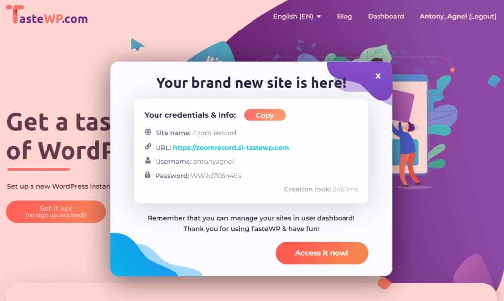 tastewp site credentials and info