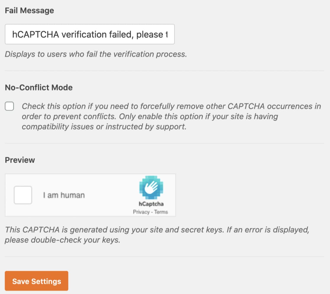 additional hcaptcha wpforms settings