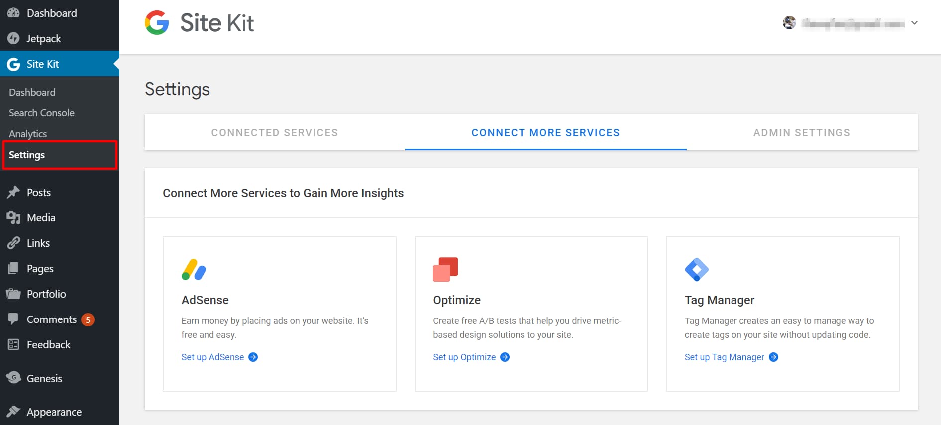google site kit settings page