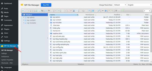 WP File Manager settings