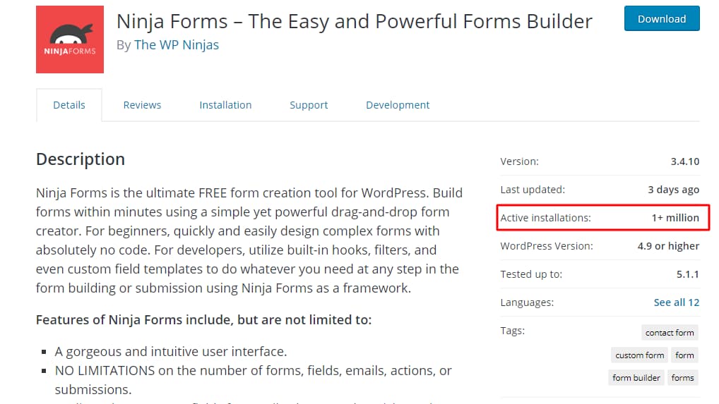 ninja forms - active number of installations