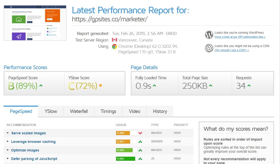 generatepress performance report (speed test)