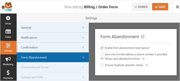 enable form abandonment lead capture wpforms