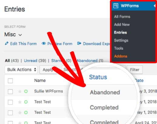 entry status for abandoned and completed forms wpforms