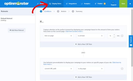 optinmonster coupon popup display rules tab