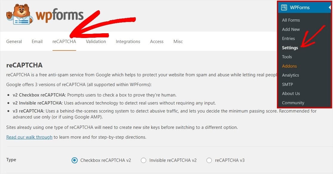 wpforms recaptcha settings for wordpress forms