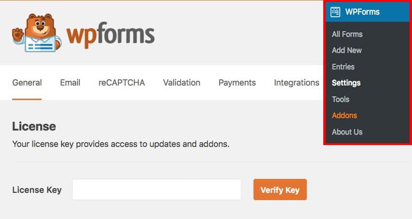 verify wpforms pro license key