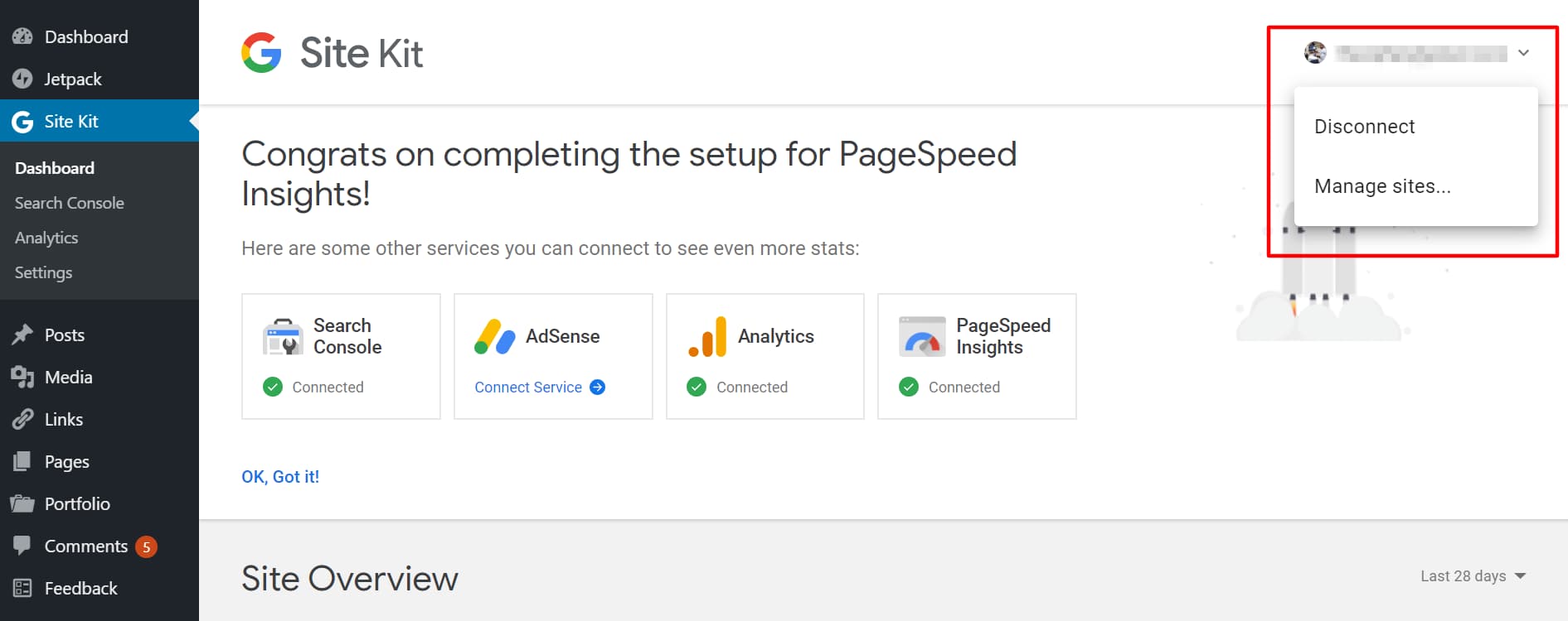 disconnect site kit from google and manage sites