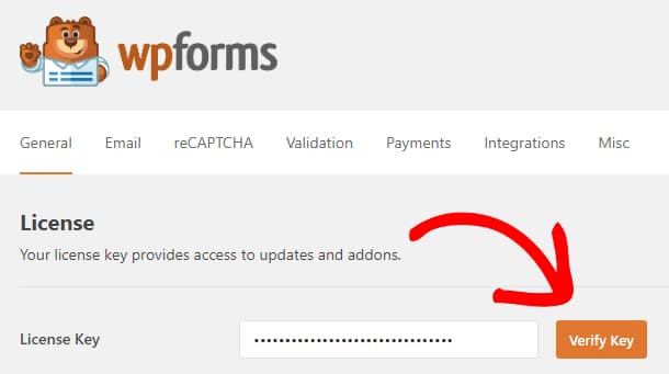 verify wpforms pro license key