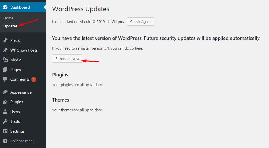 reinstall wordpress