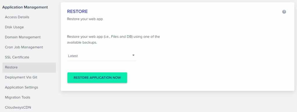 Cloudways Restore Application from Backups Menu