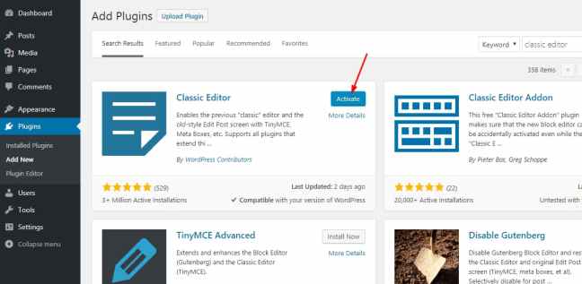 Activate Classic Editor plugin