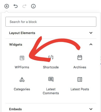 select wpforms block in gutenberg editor