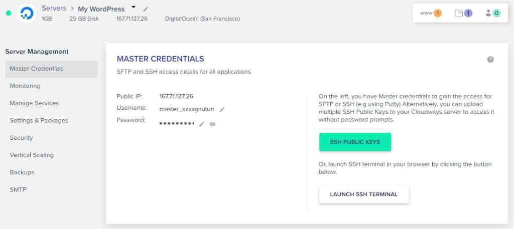 Cloudways SFTP & SSH master credentials