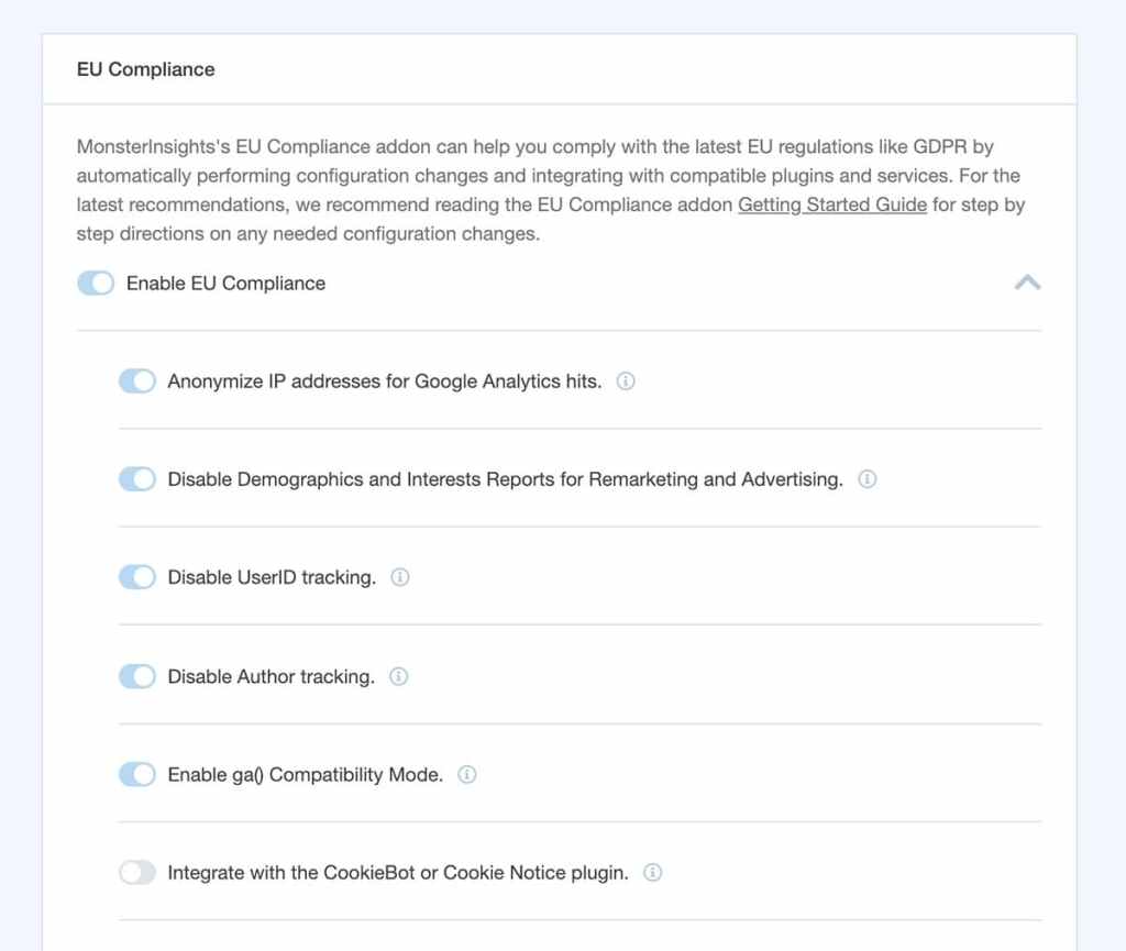 monsterinsights eu compliance settings dashboard