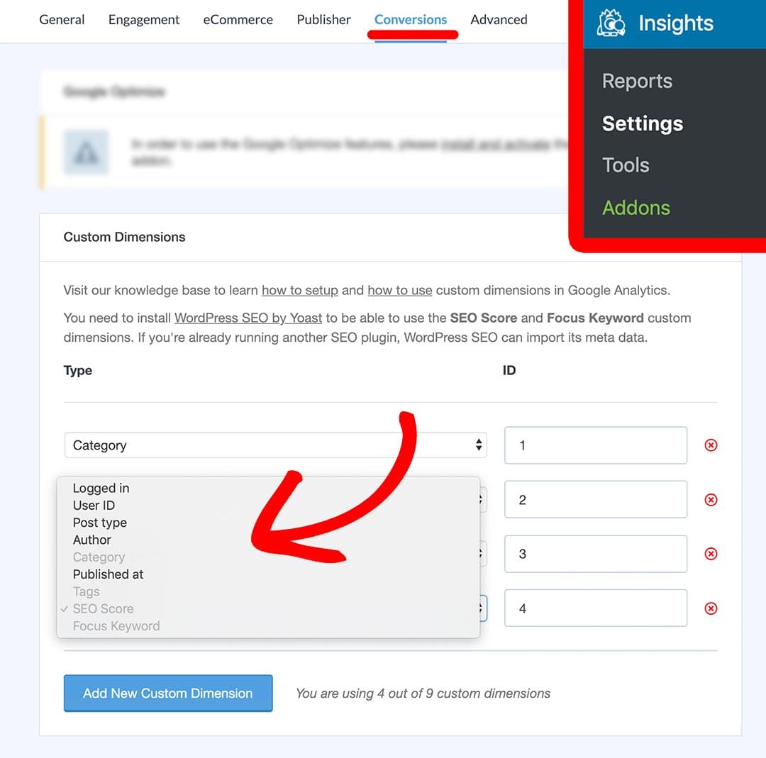 monsterinsights author custom dimension selection
