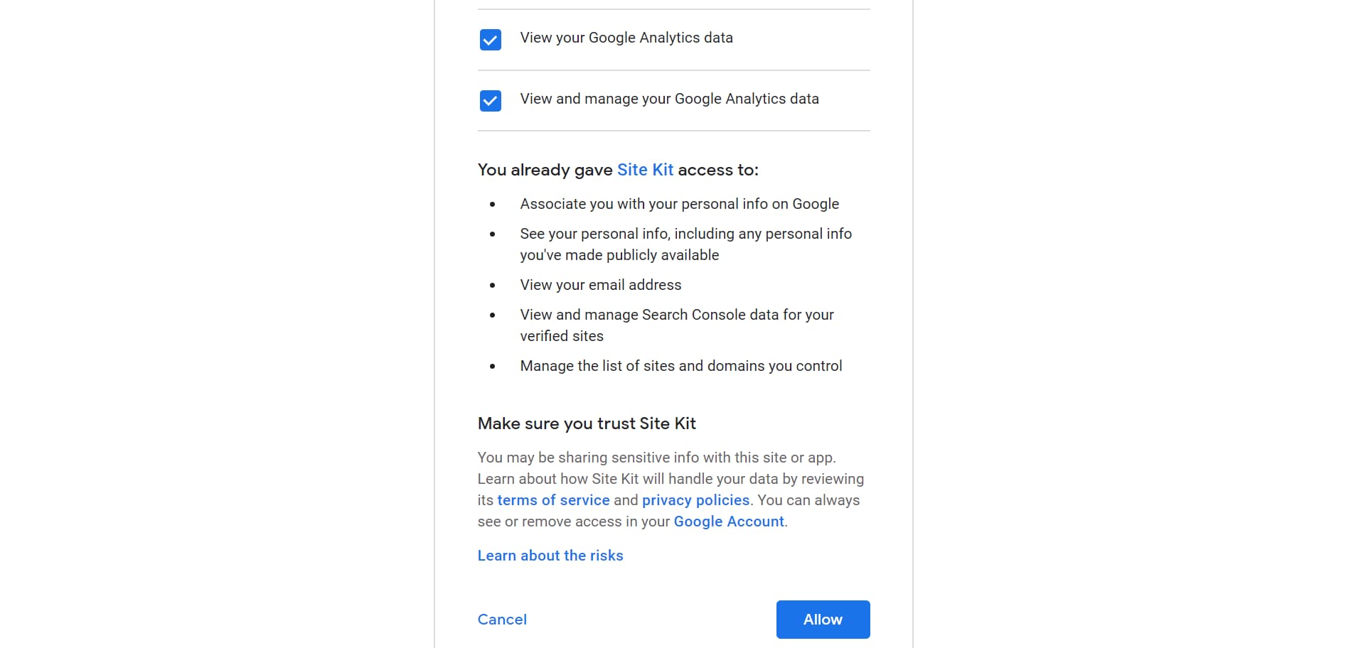 allow site kit to access google analytics data and confirm your choices