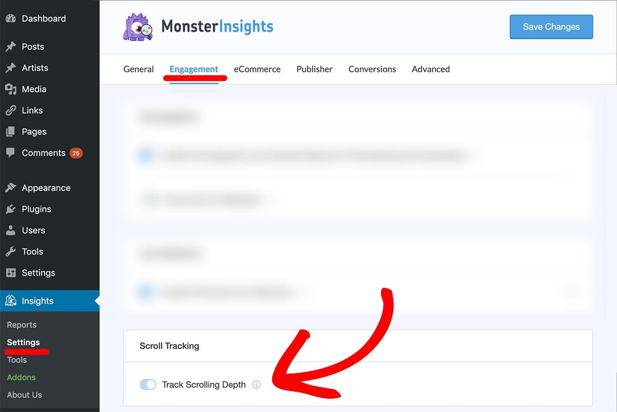 monsterinsights scroll tracking settings