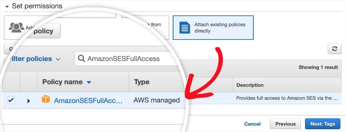 add amazonsesfullaccess policy to iam user account