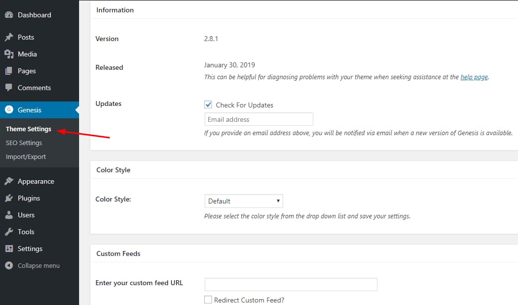genesis theme settings page