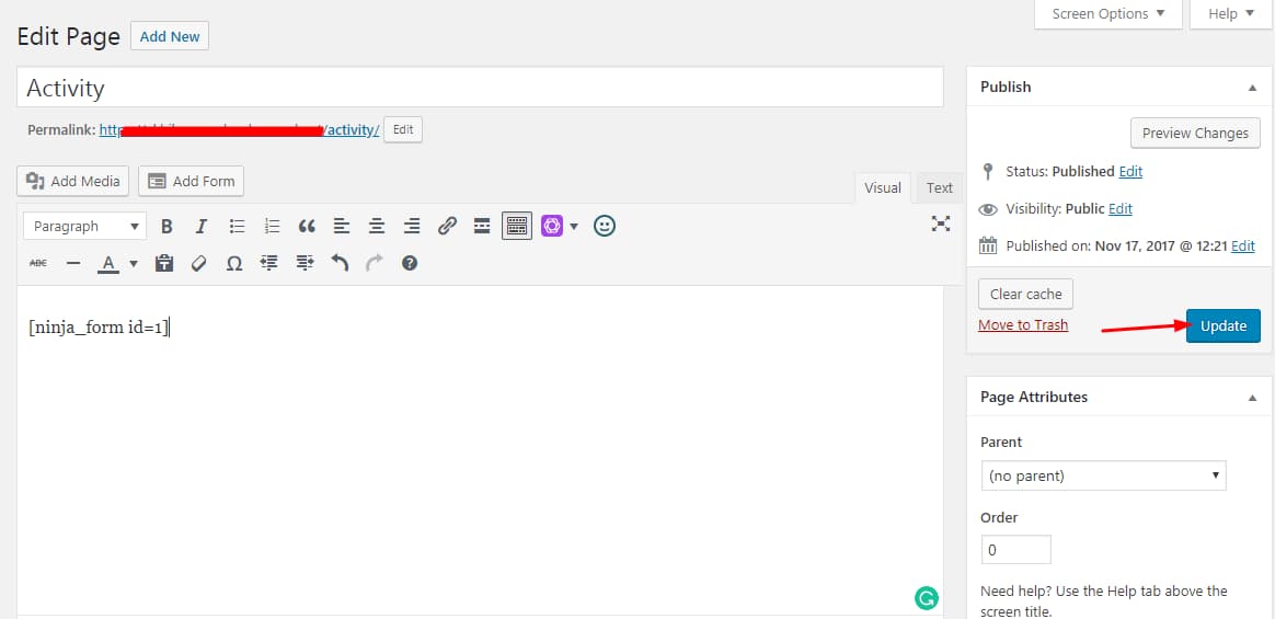 update ninja forms shortcode page