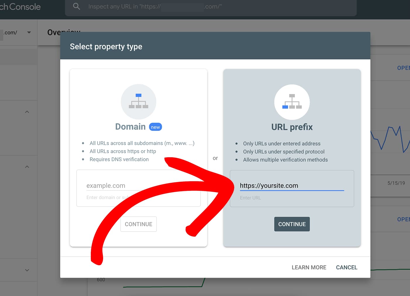 add site to google search console with url prefix option