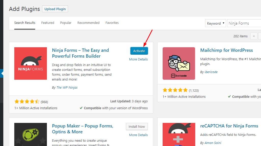 activate ninja forms
