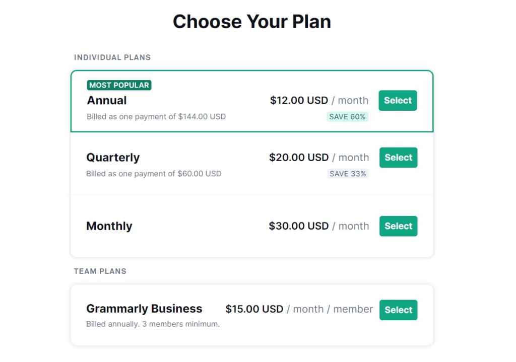 Grammarly plans and pricing