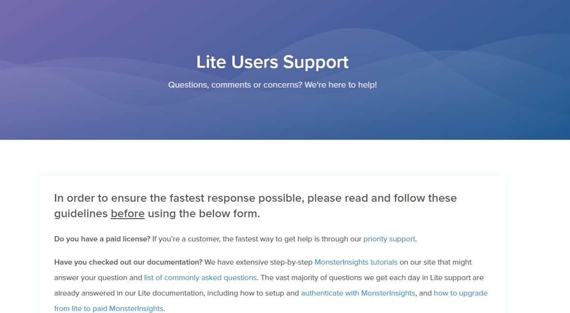 monsterinsights lite free version support form