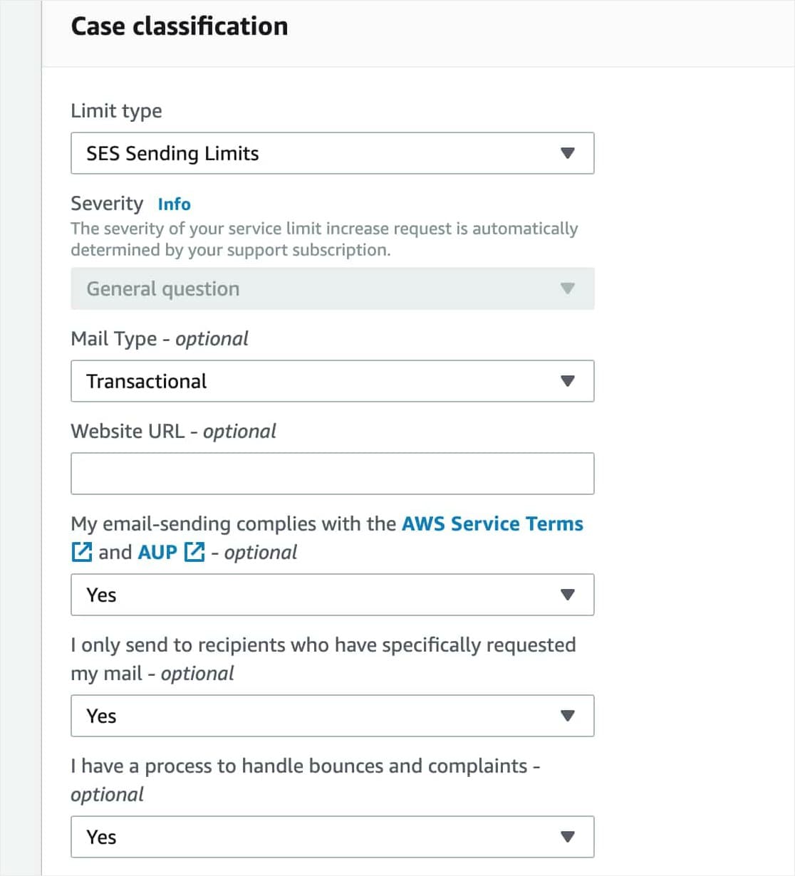 aws case classification form for ses smtp access