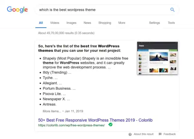 Google featured snippets example