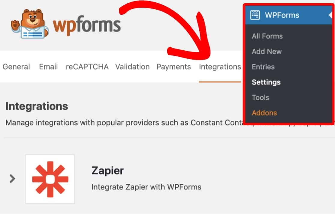 wpforms integration settings