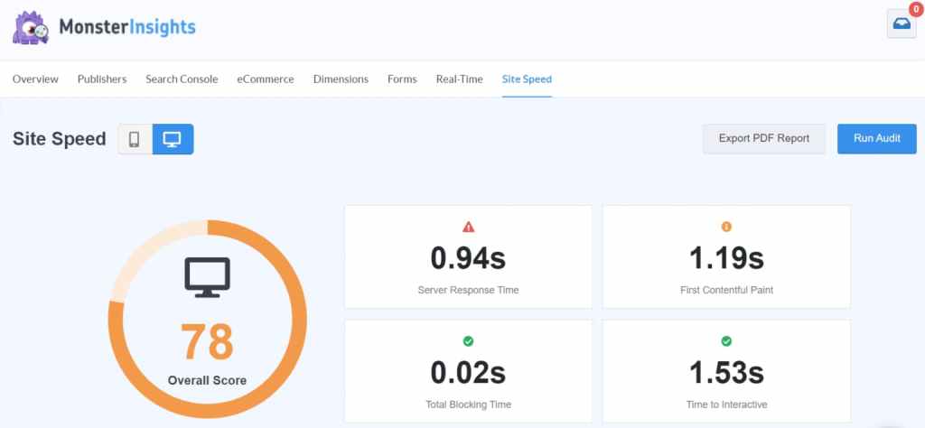 monsterinsights site speed report