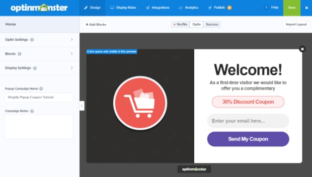 default view of optinmonster popup checkout campaign
