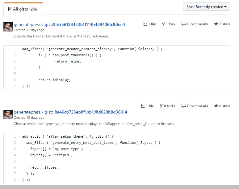generatepress gists or code snippets