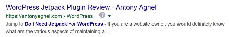 table of content demo in search results page
