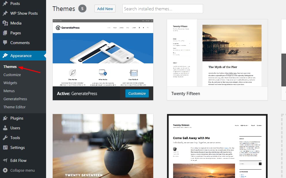 WordPress appearance themes section