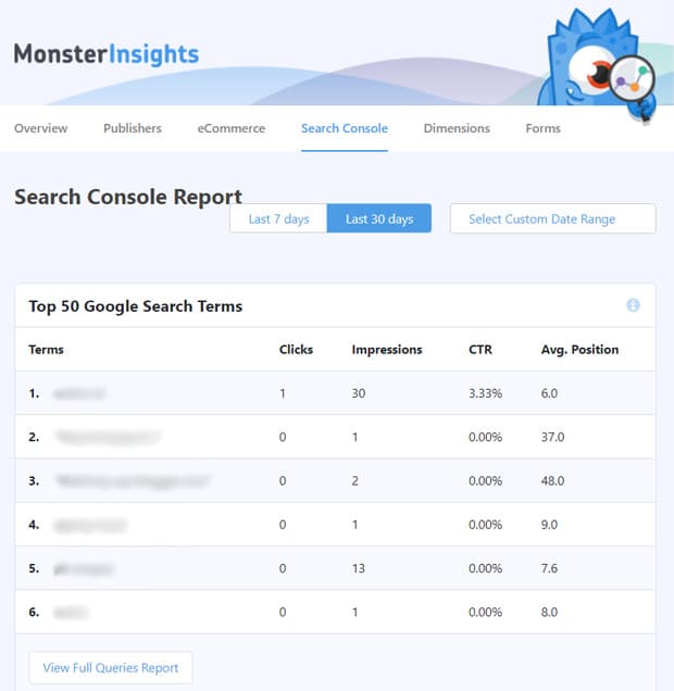 monsterinsights google search console reports