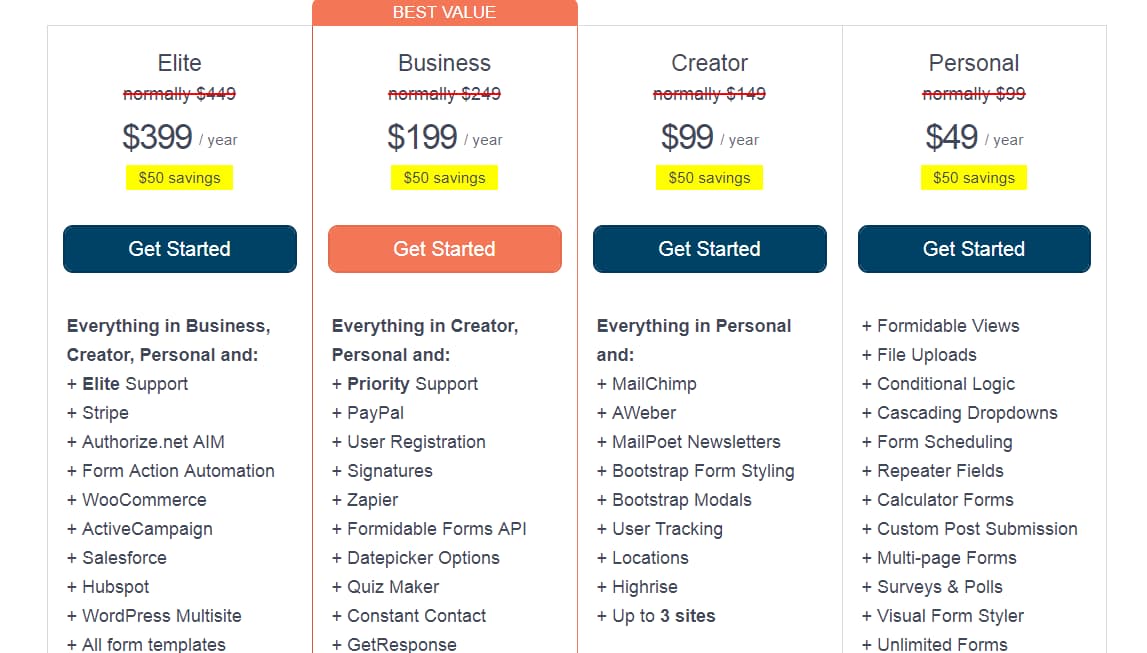 formidable forms plans and pricing