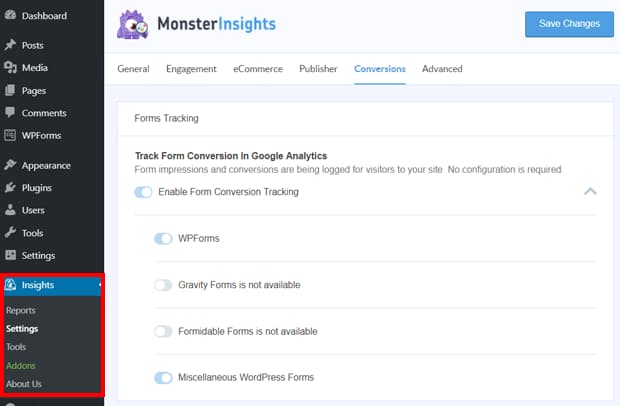 monsterinsights forms tracking settings