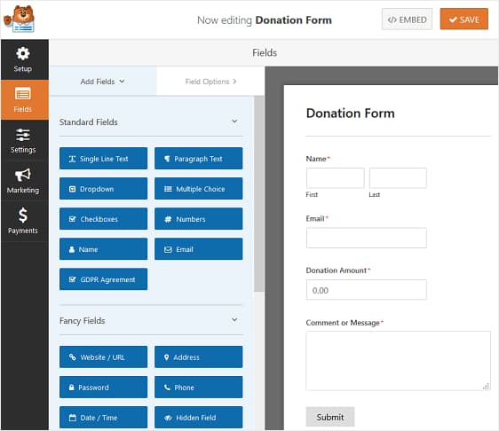 create a donation form using wpforms