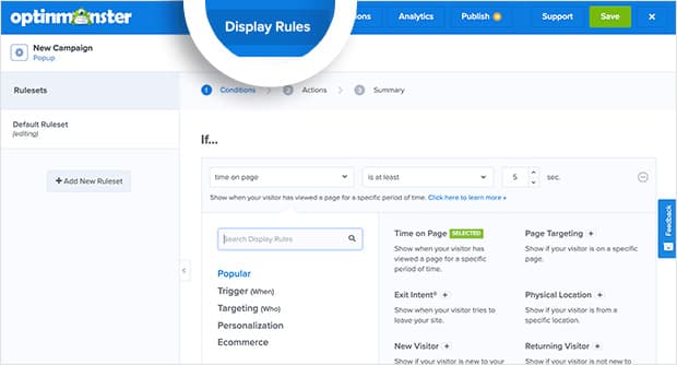 optinmonster exit popup display rules