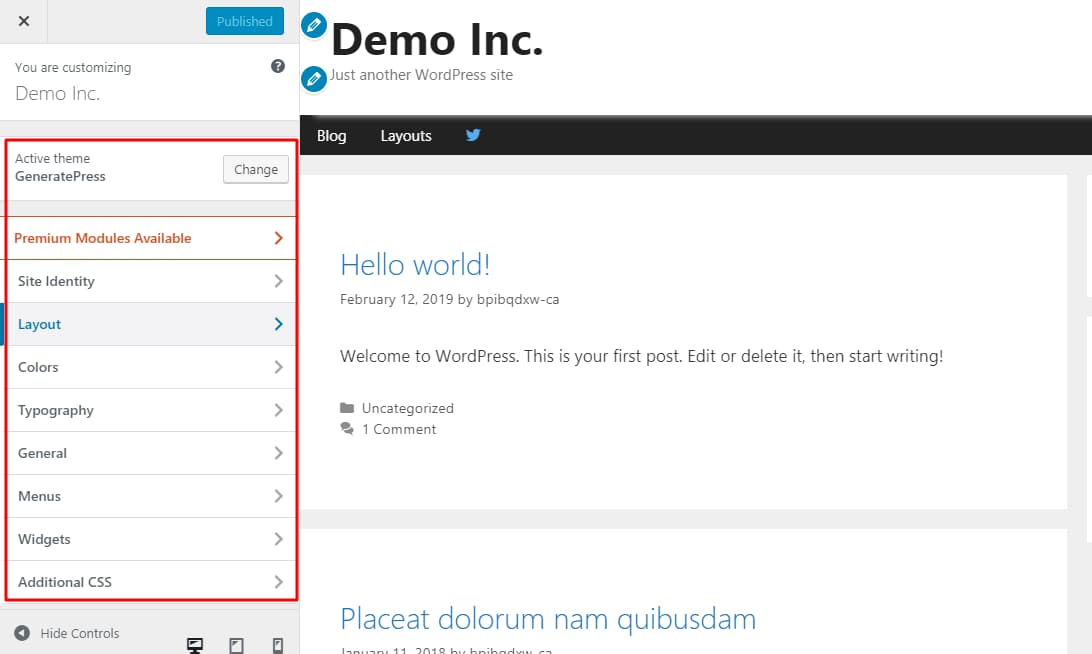 generatepress customizer options