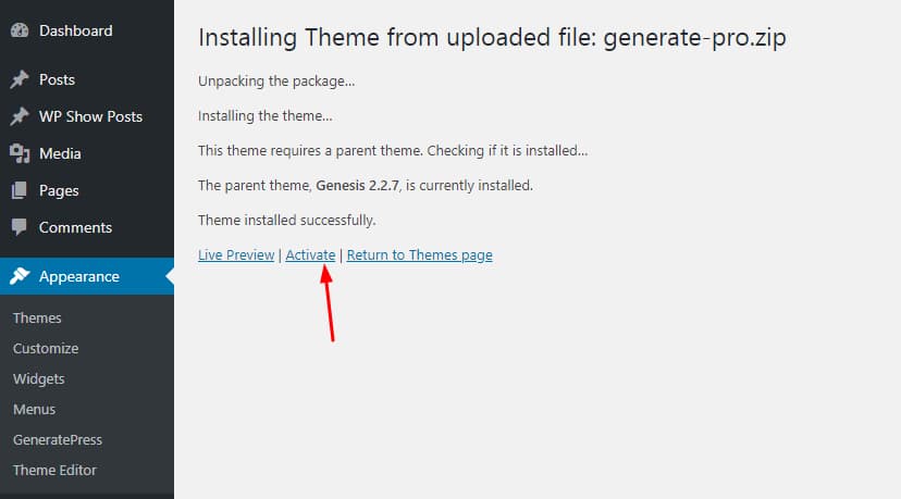 activate genesis child theme