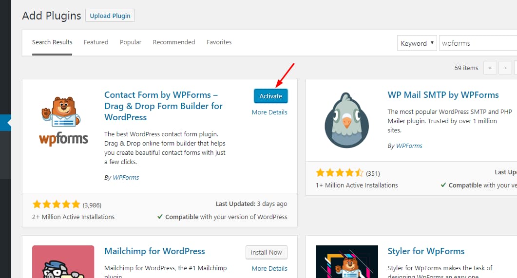 activate wpforms lite