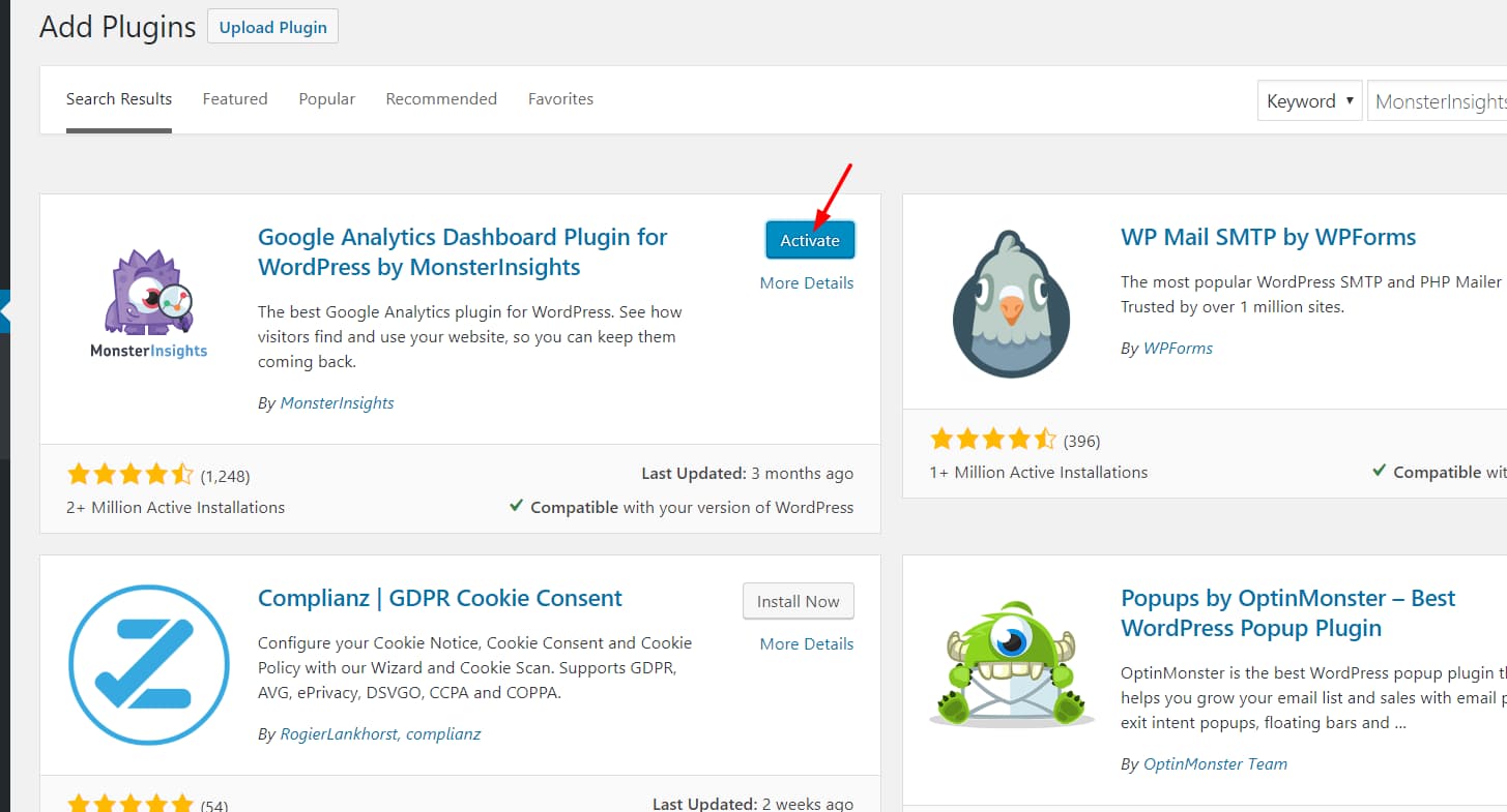 activate monsterinsights wordpress plugin