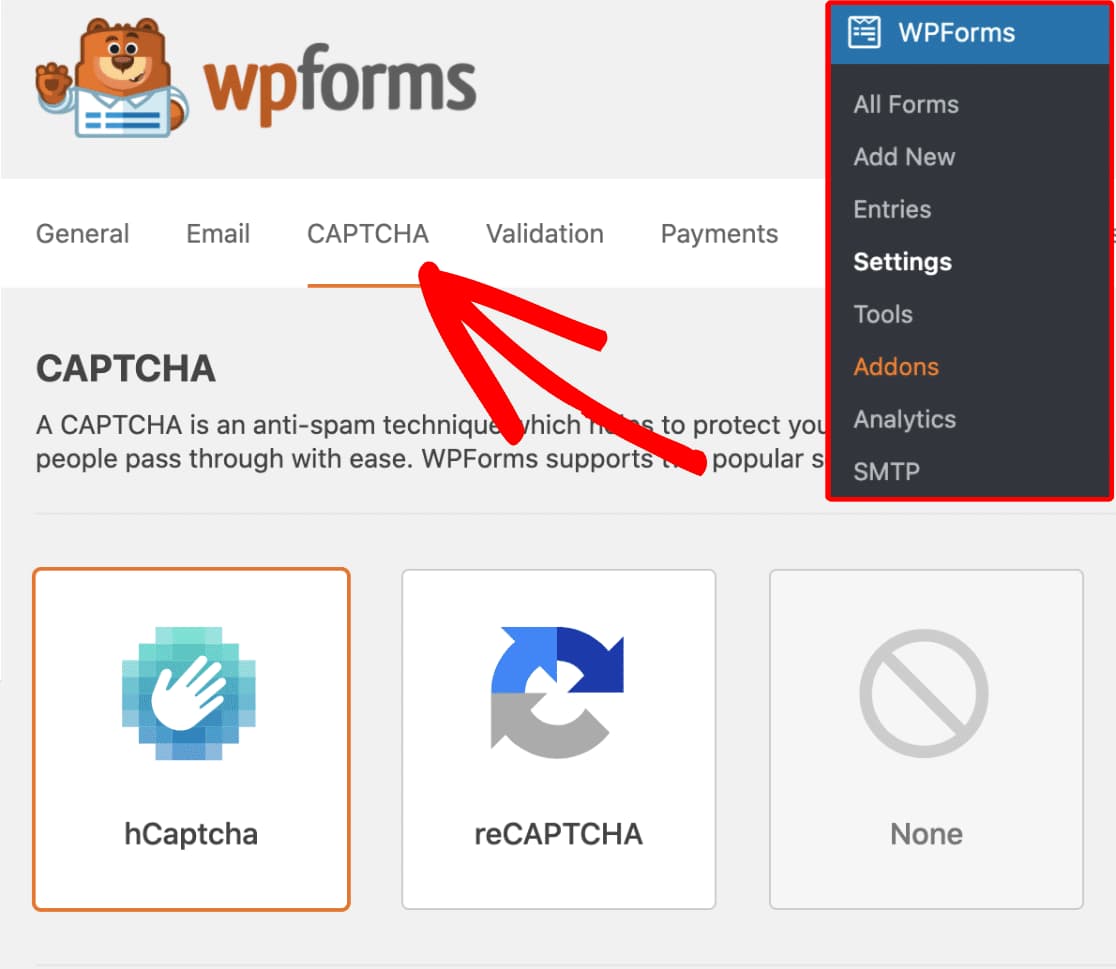 wpforms captcha tab